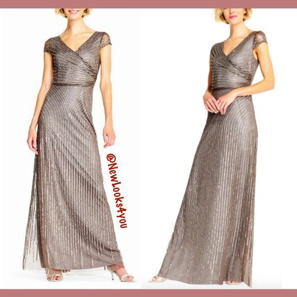 NEW $299 Adrianna Papell Sequin Faux Wrap Gown‎ in Lead [SZ 14 ] - Picture 2 of 10